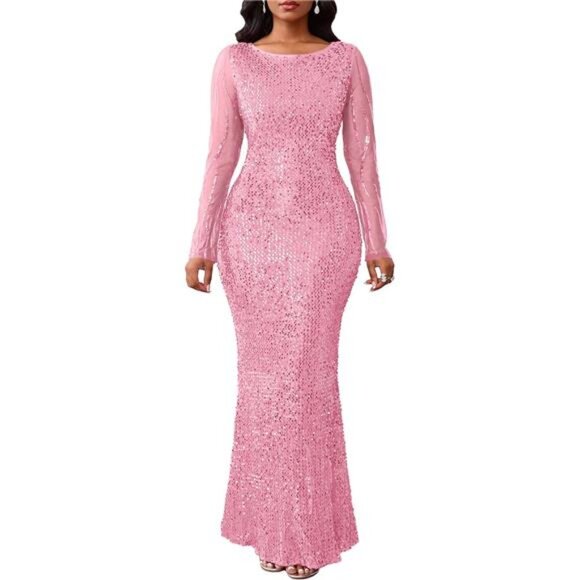 Women's Sequins Round Neck Long Sleeve Maxi Dress pink - Picture 1 of 6